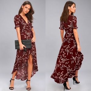 Lulu’s Wild Winds Burgundy Floral Print Wrap Dress